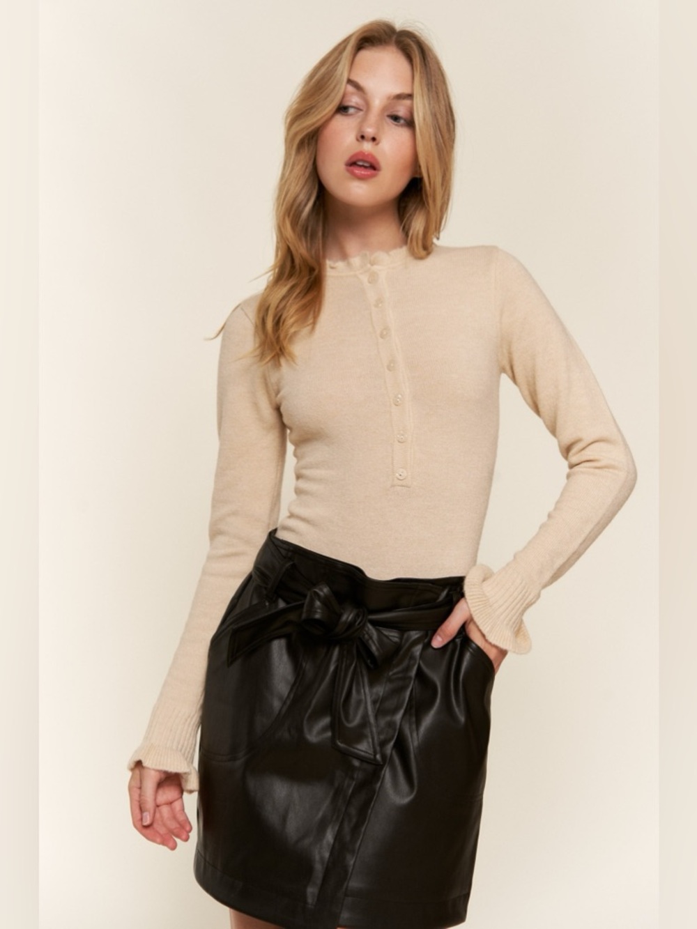 And The Why Half Button Round Neck Long Sleeve Bodysuit